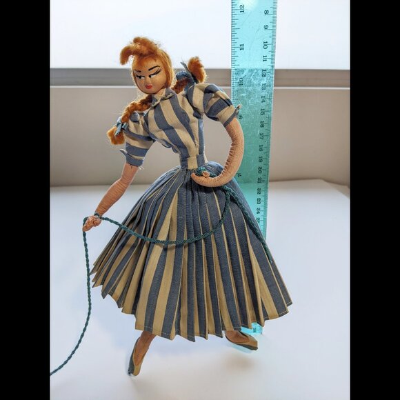 Vintage Cloth Wire Doll Redhead Pigtails Woman Girl with Dog on Leash 11" Cute - Picture 2 of 12